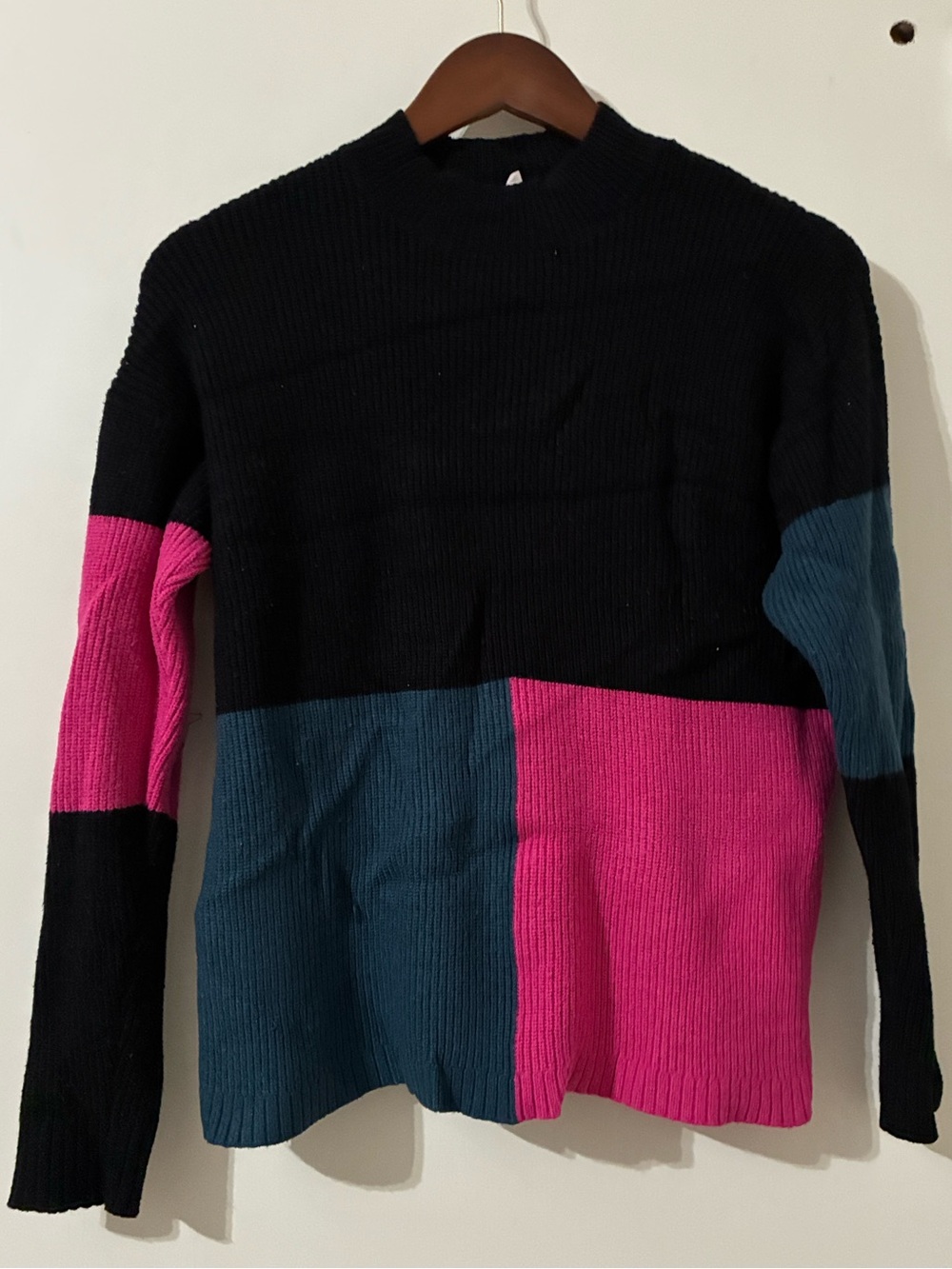 a.d.y. P Colorblock Ribbed Knit Sweater Medium Black Pink Teal